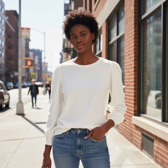 J Crew Smocked Sleeve Cream Top Size Medium - Picture 1 of 7